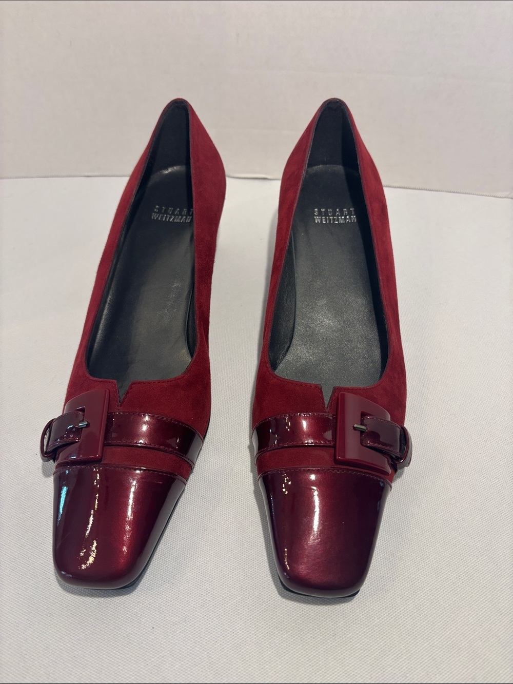 Stuart Weitzman Burgundy Suede & Patent Leather Front and Buckle Heel Pumps. 8.5 - Picture 2 of 10